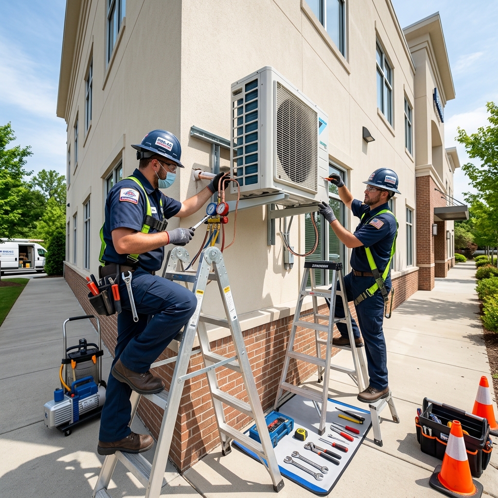 Professional technicians installing new air conditioning outdoor unit