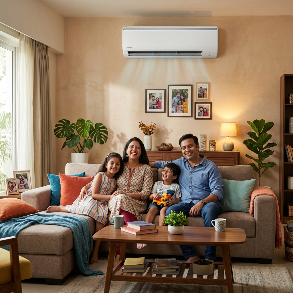Happy family relaxing comfortably in cool air conditioned home
